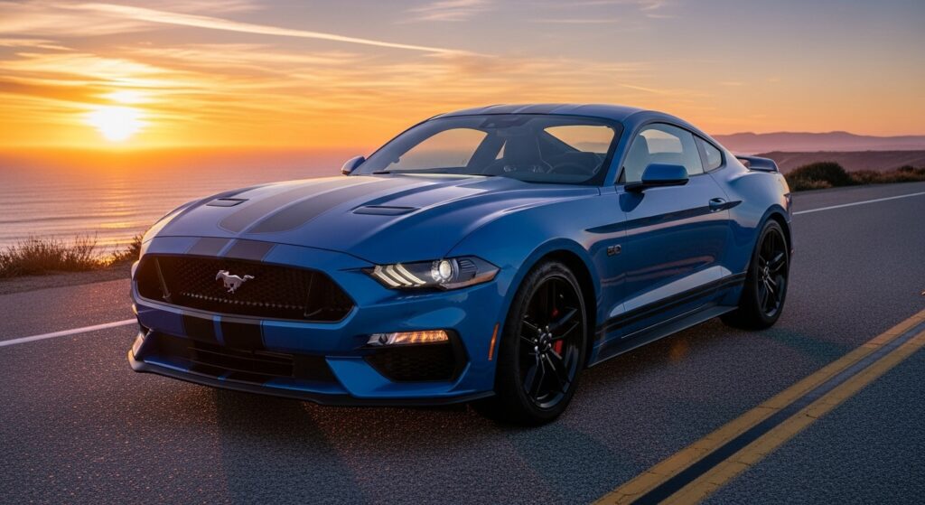 Mustang driving along a coastal road with scenic views.