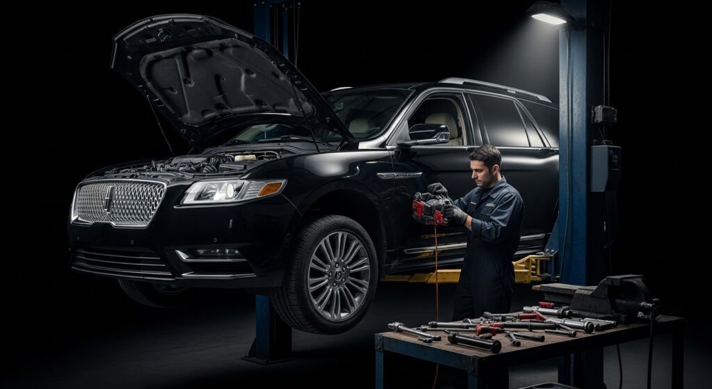 Lincoln in car garage