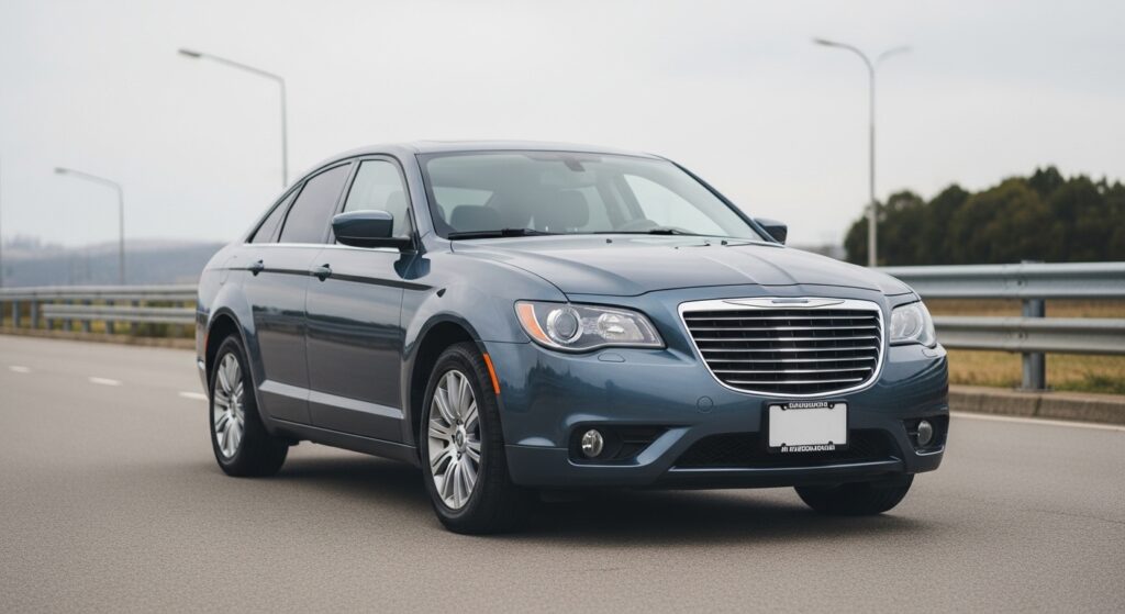 Chrysler driving along a road.