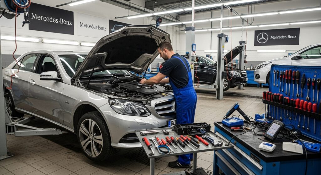 Mercedes-Benz Repairing inside a garage